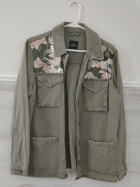 one 5 one Olive Green Utility Jacket with Sequin Camouflage Shoulders